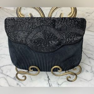 Vintage Michelle Stuart Black Satin Beaded Clutch Purse